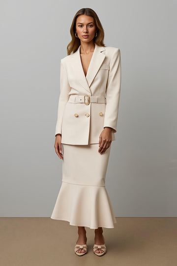 2-Piece Mermaid Notched Lapel Champagne Work Dress with Belt